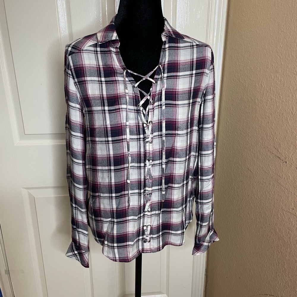PAIGE Women's Button Up Tie Front Kieran Top Blouse Plaid Gray/Red Size Small   - Picture 3 of 13